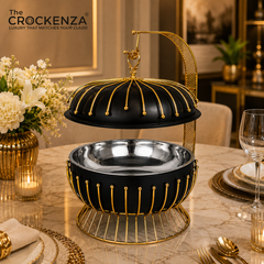 Luxury Black & Gold Stainless Steel 8-Litre Buffet Dish with Hanging Lid – Premium Royal Serving Dish