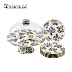 Royal Albert–Inspired 9-Pcs Bone China Cake Set | Floral Elegance with Acrylic Dome