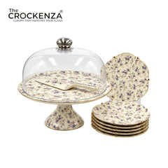 Royal Albert–Inspired 9-Pcs Bone China Cake Set | Floral Elegance Acrylic with Dome