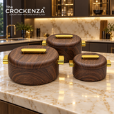 Imported Luxury Collection | Forever Gold 3 Pcs Thermal Hotpot Set | Dark Wood Textured Round (1/2/3.5Ltr)