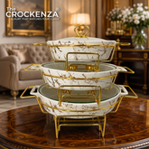 Elegant Imported Oval Porcelain Serveware – White Marble with Handles & golden Matching Lid (Three Sizes)
