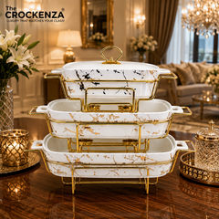 Luxury Imported White Marble textured Rectangular Porcelain Serving Dishes – Lidded with Handles (Three Sizes)