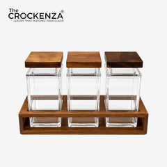 3-Piece Airtight Acrylic Spice Jars with Wooden Lids & Base Rack – Modern Kitchen Storage Container Set