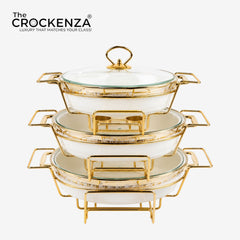 3-Piece Textured Buffet Servers Set with Gold Stand & Glass Lids – Elegant Oval Chafing Dishes for Dawat, Parties,
