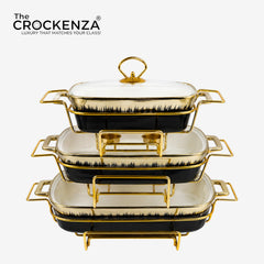 Regal Gold-Trimmed Chafing Dish – Premium Black Ceramic Rectangular Buffet Warmer Set