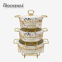 Premium 3-Piece Marble Pattern Ceramic Chafing Dish Set with Lid & Gold Metal Rack Stand | Modern Buffet Serving Bowls