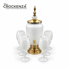 The Crockenza Pearl 7-Piece Luxury Beverage Set – 3L Pristine White Dispenser with Gold Accents & 6 Matching Glasses