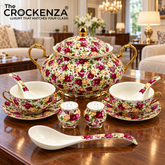 Imported Royal Albert Inspired 23-Piece Floral Soup Set with Gold Trim