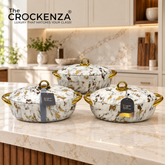 Premium Forever Gold White Mable Casseroles – Keep Food Fresh & Warm in Style (2/2.5/3Ltrs)