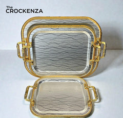 Luxury 3 Pcs Stainless Steel Serving Tray Set – Mirror Polish Finish with Gold Handles