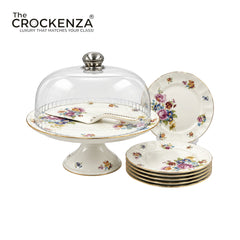 Royal Albert–Inspired 9-Pcs Bone China Cake Set | Floral Elegance Acrylic with Dome
