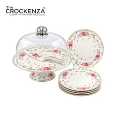 Royal Albert–Inspired 9-Pcs Bone China Cake Set | Floral Elegance Acrylic with Dome