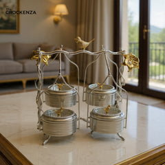 Luxury 4 Partition Dry Fruit Serving Set with Decorative Stand – Premium Metal Snack Organizer
