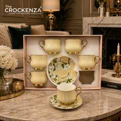 Luxury 12 Piece Ivory Floral Porcelain Tea Cup & Saucer Set – Gold Rim Coffee Cup Set | Premium Imported Tea Set