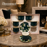 Luxury 12 Piece Emerald Green Porcelain Tea Cup & Saucer Set – Floral Gold Trim Coffee Cup Set | Premium Imported Tea Set