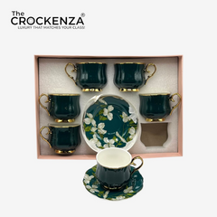 Luxury 12 Piece Emerald Green Porcelain Tea Cup & Saucer Set – Floral Gold Trim Coffee Cup Set | Premium Imported Tea Set