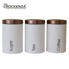 Metallic Canister Trio – Sugar, Tea & Coffee White Jars with Rose Gold Airtight Lids | Small & Large