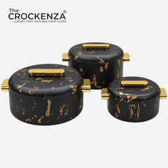 Imported Luxury Collection | Forever Gold 3 Pcs Thermal Hotpot Set | Black Marble Round (1/2/3.5Ltr)