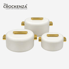 Imported Luxury Collection | Forever Gold 3Pcs Hotpot Set | Keep your food fresh & warm | White Plain Round (1/2/3.5Ltr)