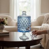 Elegant Diamond-Cut Blue Crystal Glass Beverage Dispenser – Heavyweight Luxury Decanter for Home & Events