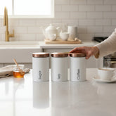 Metallic Canister Trio – Sugar, Tea & Coffee White Jars with Rose Gold Airtight Lids | Small & Large
