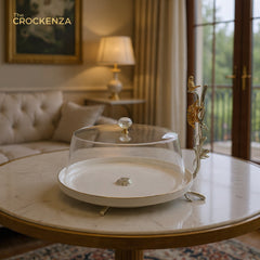 Luxury Glass Dome Cake Dish with Elegant Gold Floral Handle – Premium Serving Platter by Crockenza