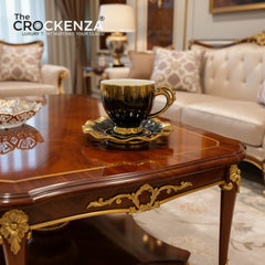 The Crockenza Midnight Aurora Luxury Gold-Drip Cups & Saucers Set (6 Cups & Saucers)