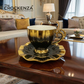 The Crockenza Midnight Aurora Luxury Gold-Drip Cups & Saucers Set (6 Cups & Saucers)