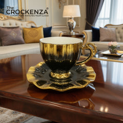 The Crockenza Midnight Aurora Luxury Gold-Drip Cups & Saucers Set (6 Cups & Saucers)