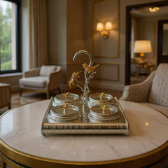 Luxury Silver 4-Partition Dry Fruit Serving Tray with Crystal Bowls & Decorative Handle