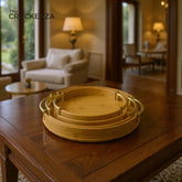 Imported Round Bamboo Tray Set – 3-Piece Eco-Friendly Serving Trays with Gold Handles