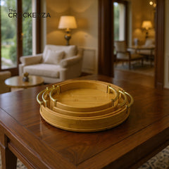 Imported Round Bamboo Tray Set – 3-Piece Eco-Friendly Serving Trays with Gold Metal Handles