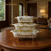 Luxury Imported White Marble textured Rectangular Porcelain Serving Dishes – Lidded with Handles (Three Sizes)