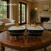 Elegant Twin Rectangular Chafing Dishes (11.5" each) with handles & Metal Stand – Black Marble Buffet Set