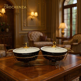 Elegant Twin Oval Chafing Dishes (11" each) with handles & Metal Stand – Black Marble Buffet Set