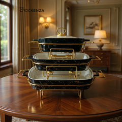 Luxury Imported Black Marble Rectangular Porcelain Serving Dishes – Lidded with Handles (Three Sizes)