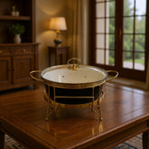 10" Round Porcelain Serving Bowl with Gold Stand & Lid – Elegant Buffet Serving Dish with Handles | Luxury Tableware