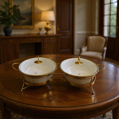 Twin Oval Porcelain Serving Dish Set with Gold Stand – 12" Double Buffet Server with Handles | Elegant textured Tabletop Food Warmer & Serving Bowl Set