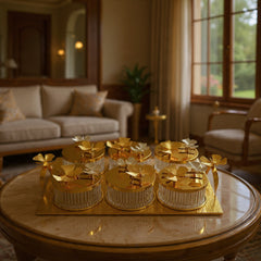 Luxury Gold 6-Compartment Dry Fruit & Candy Serving Set with Silver Detailing – Elegant Table Centerpiece