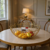 Geometric Gold Wire Fruit Basket with Wooden Base - Modern Kitchen Countertop Storage & Luxury Table Centerpiece