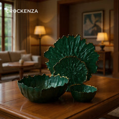 Emerald Bloom 14-Piece Luxury Fruit & Cake Serving Set | Deep Green with Gold Edge Finish