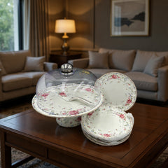 Royal Albert–Inspired 9-Pcs Bone China Cake Set | Floral Elegance with Dome