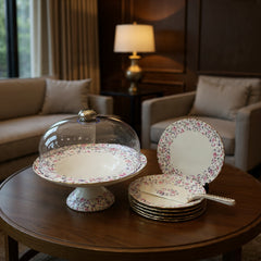 Royal Albert–Inspired 9-Pcs Bone China Cake Set | Floral Elegance with Dome