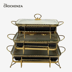 Modern Luxe Black & Gold Rectangular Food Warmer Set – 3-Piece textured Buffet Servers