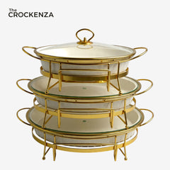 Luxe White & Gold Textured Porcelain Chafing Dish – Set of 3 Sizes