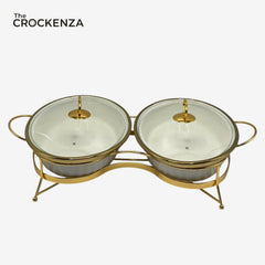 Twin Oval Porcelain Serving Dish Set with Gold Stand – 12" Double Buffet Server with Handles | Elegant textured Tabletop Food Warmer & Serving Bowl Set