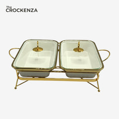 Twin Rectangular Porcelain Serving Dish Set with Gold Stand – 12" Double Buffet Server with Handles | Elegant Tabletop Food Warmer & Serving Bowl Set