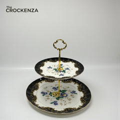 Royal Albert-Inspired 2-Tier Bone China Pastry Stand – Elegant Floral Design with Gold Handle