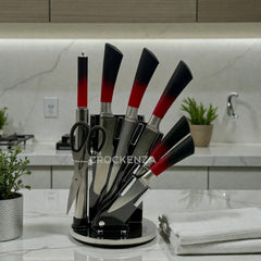 BASS 8-Piece Stainless Steel Kitchen Knife Set with Rotating Stand, Scissors & Sharpener