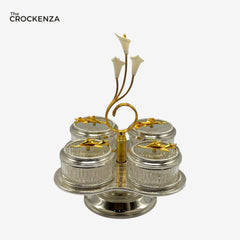 Luxury 4-Partition Dry Fruit Serving Set with Stand – Glass Bowls & Golden Holder